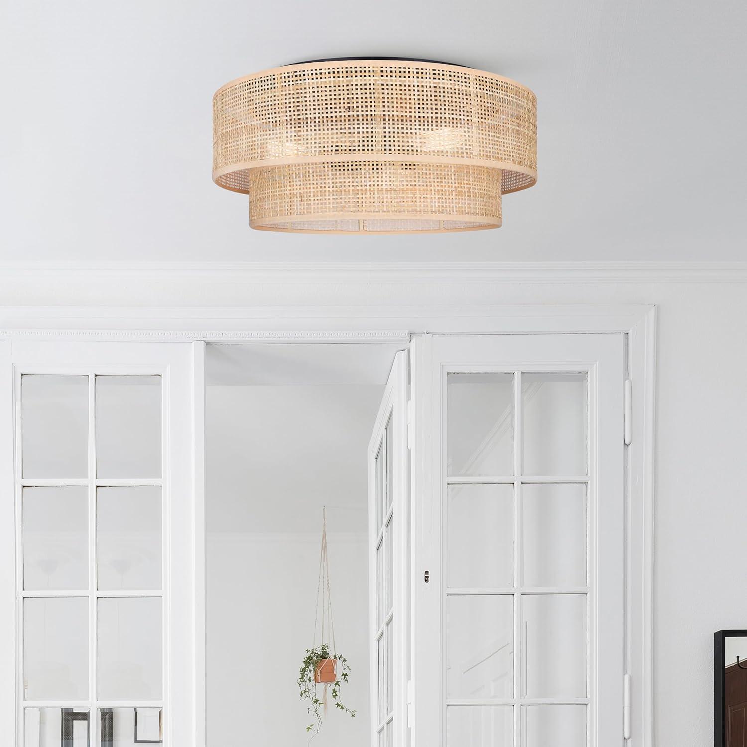 Bellamy 19-Inch 3-Light Flush Mount Ceiling Light – Contemporary Black Finish with Natural Rattan Shade, Warm Lighting for Bedroom, Hallway, or Entryway