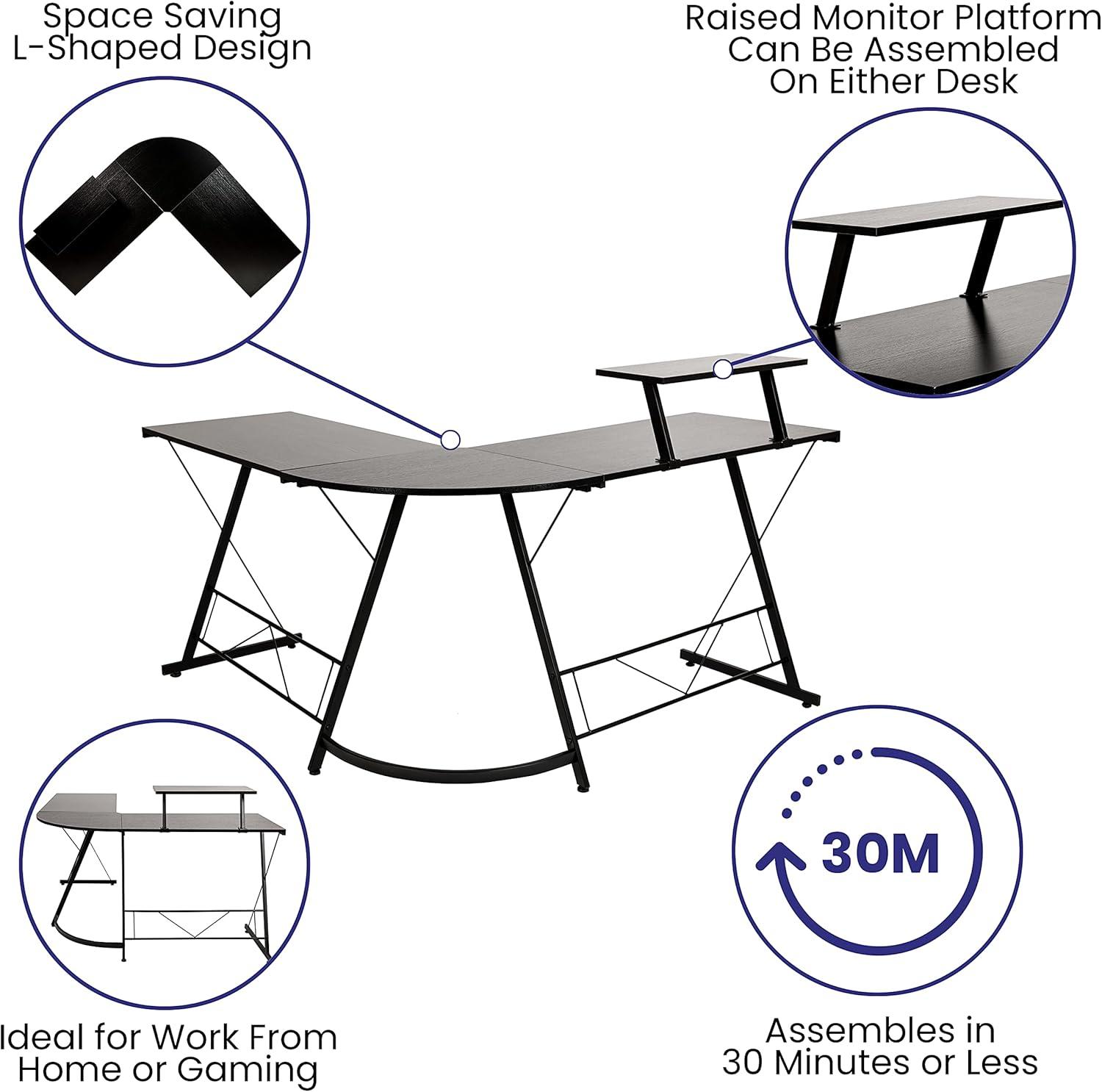 Flash Furniture L-Shaped Desk 71.5" Computer Corner Desk, Home Office Corner Desk, Gaming Desk, Space Saving, Easy to Assemble, Black/Black