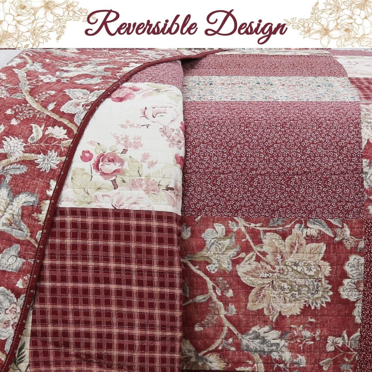 Cozy Line Thalia Real Patchwork Red Floral 3 Piece Reversible Cotton Quilt Bedding Set Queen