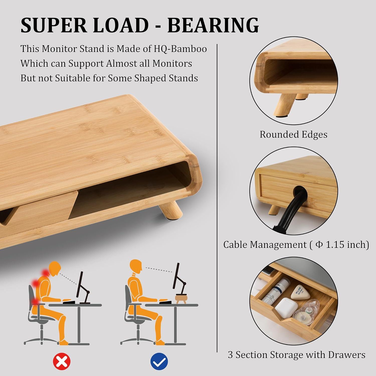 Bamboo Ergonomic Monitor Stand Riser with Drawer