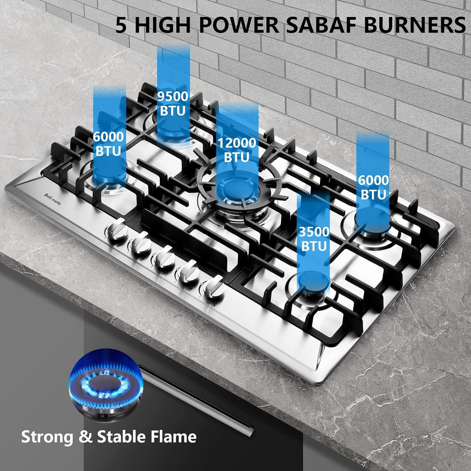 30 Inch Stainless Steel 5-Burner Gas Cooktop with Cast Iron Grates