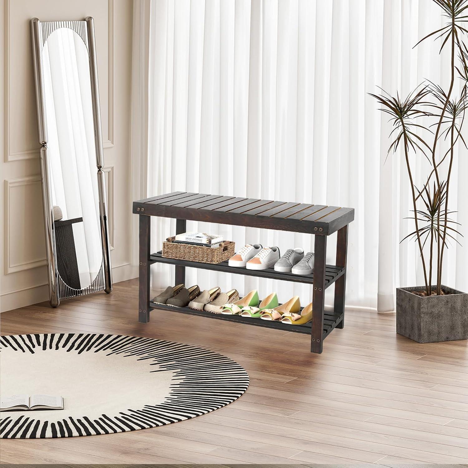 Brown Pine 3-Tier Shoe Rack Bench with Storage