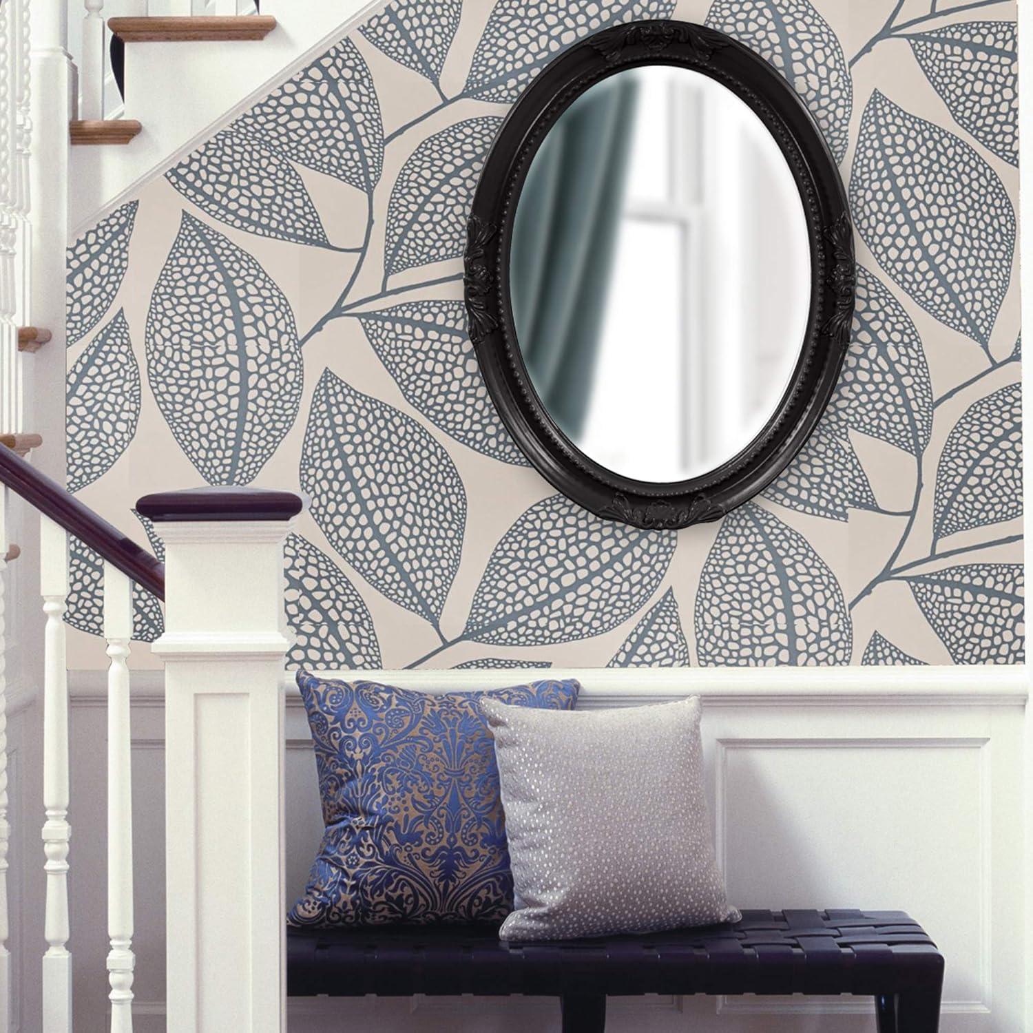 Glossy Black Oval Wood Framed Beveled Wall Mirror