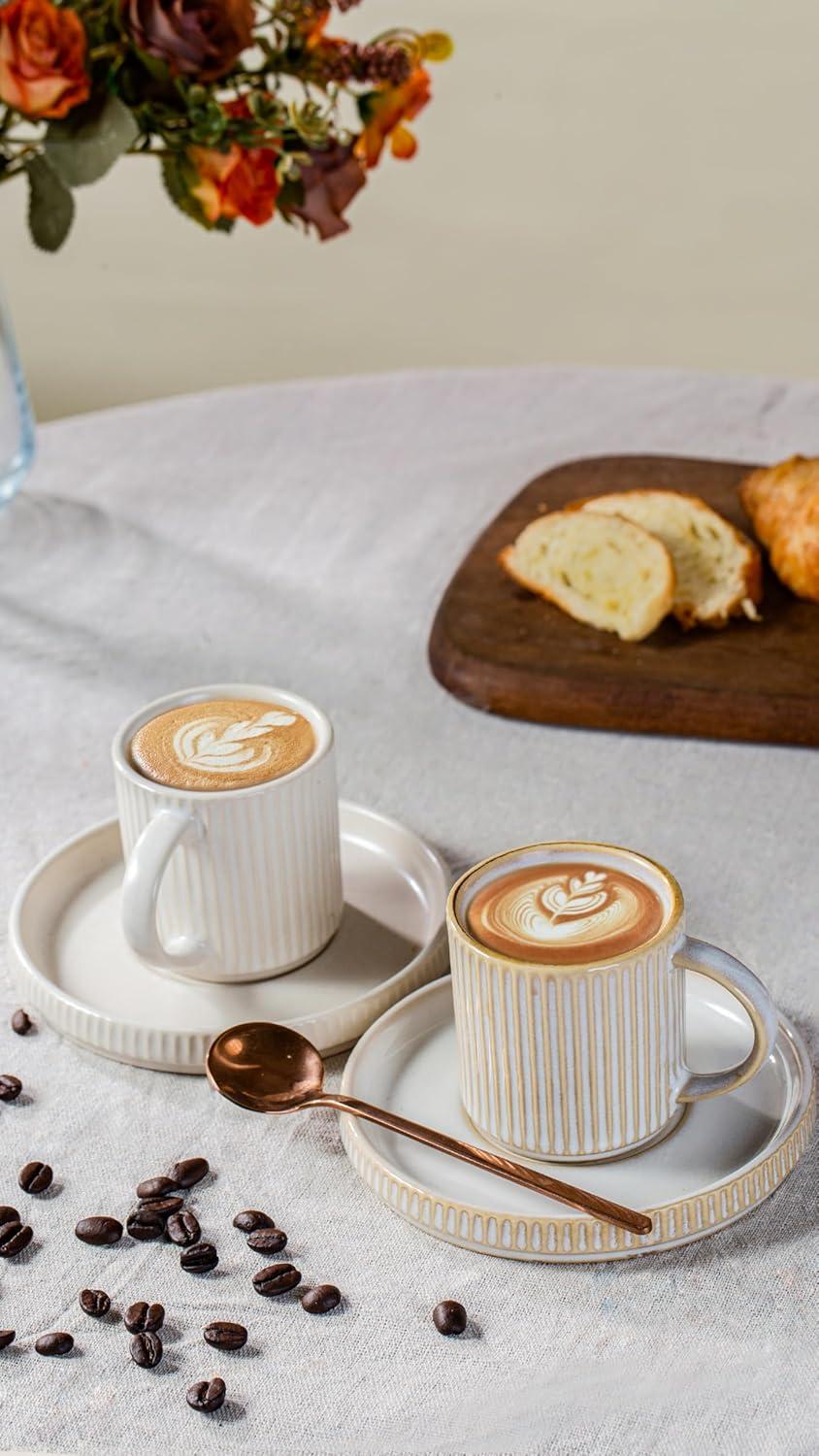 shuoli Star Espresso Cups And Saucers Set Of 4, [ Mini ] 3 Oz Ceramic Small Coffee Mug With Handle, Ribbed Stoneware Demitasse Cup For Tea, Latte - Microwave & Dishwasher Safe - Cappuccino White