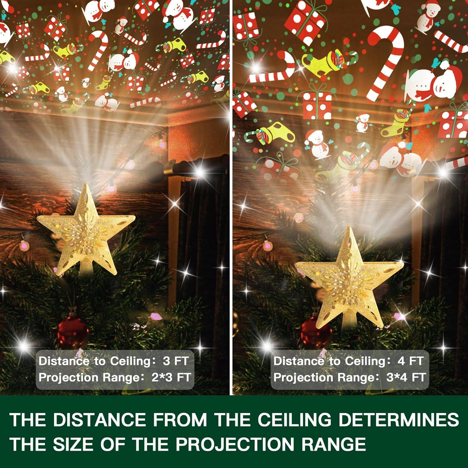 HOUFIY Christmas Tree Topper Lighted with 6 Projection Modes Star Tree Topper Built-in LED Rotating 3D Lighted Glitter Star Decorations Projector Tree Topper for Christmas Tree