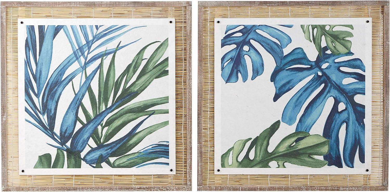 Blue and Green Abstract Leaf Wall Art with Brown Wood Frame, Set of 2