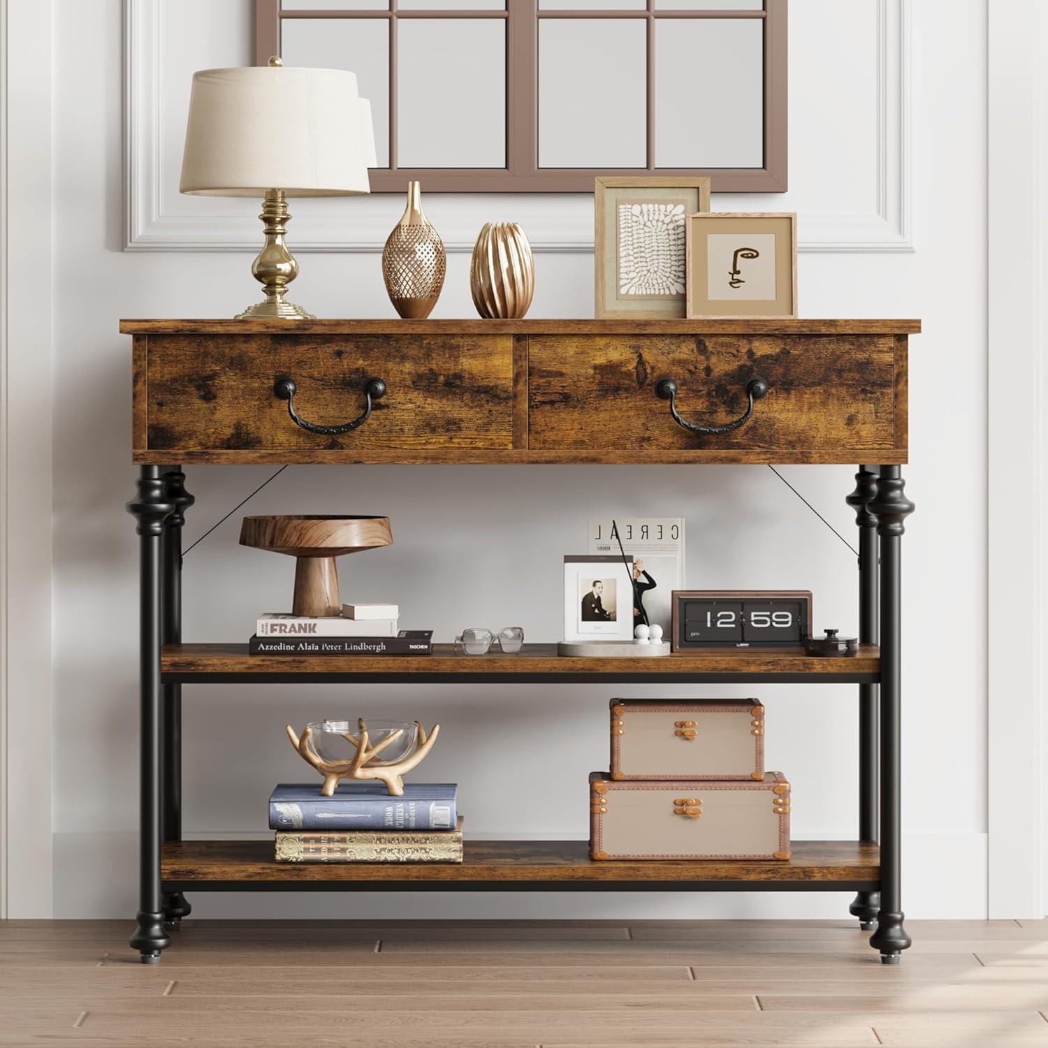 Rustic Brown Wood and Metal Console Table with Storage Shelves