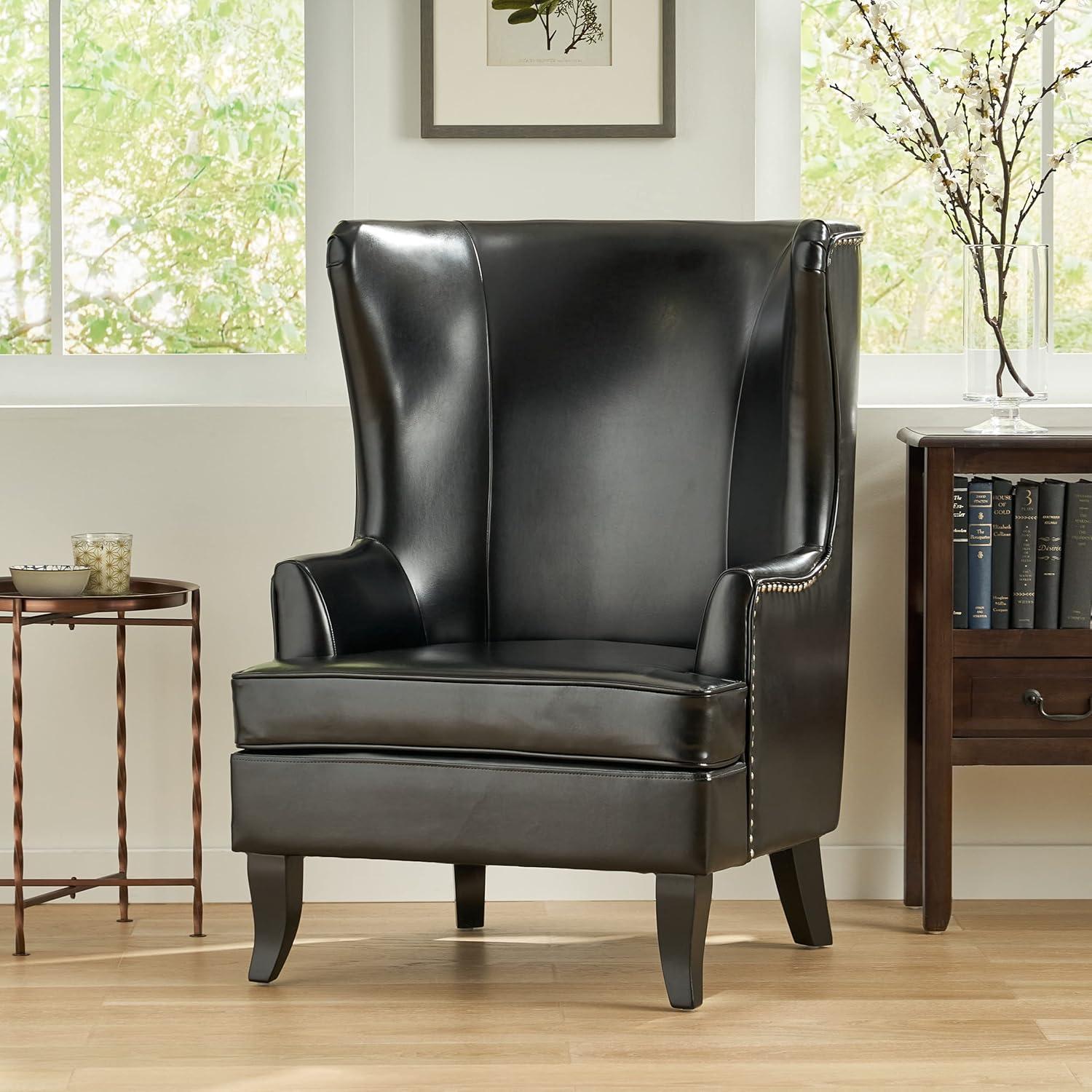 Christopher Knight Home Canterburry High Back Bonded Leather Wing Chair by  Club Chairs Black