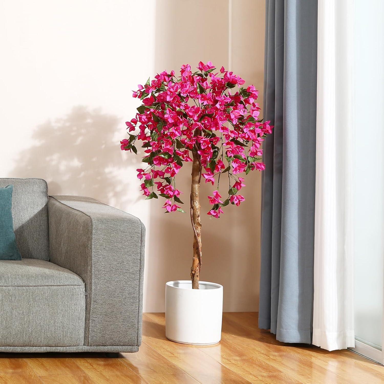 5FT Artificial Bougainvillea Tree Potted Fake Plant with Wood Trunk and Pink Flowers for Indoor Office Wedding Home Decor