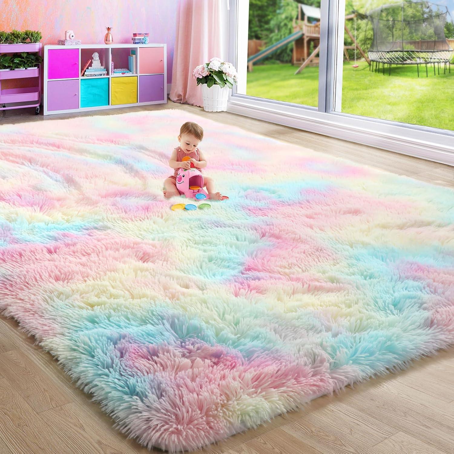 Amdrebio Rainbow Unicorn Colorful Kids Rugs for Girls Bedroom, 8x10 Fluffy Shag Area Rugs for Playroom Classroom, Large Pastel Room Decor Aesthetic, Cute Fuzzy Kawaii Princess Carpet for Baby Toddler