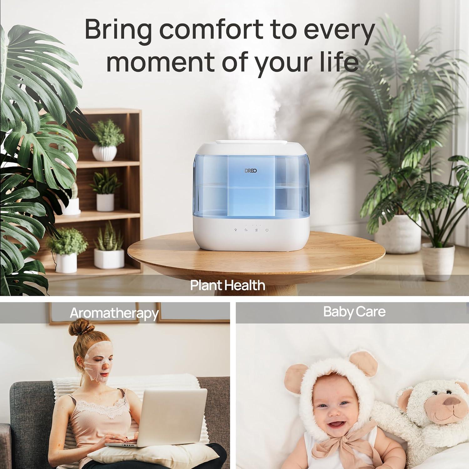 Dreo Humidifier for Bedroom, 4L Cool Mist Top-Fill Ultrasonic Humidifiers, Essential Oil Diffuser and Nightlight, 32H Runtime, 28dB Quiet Vaporizer Humidifiers  for Home, Baby Room, Touch Control