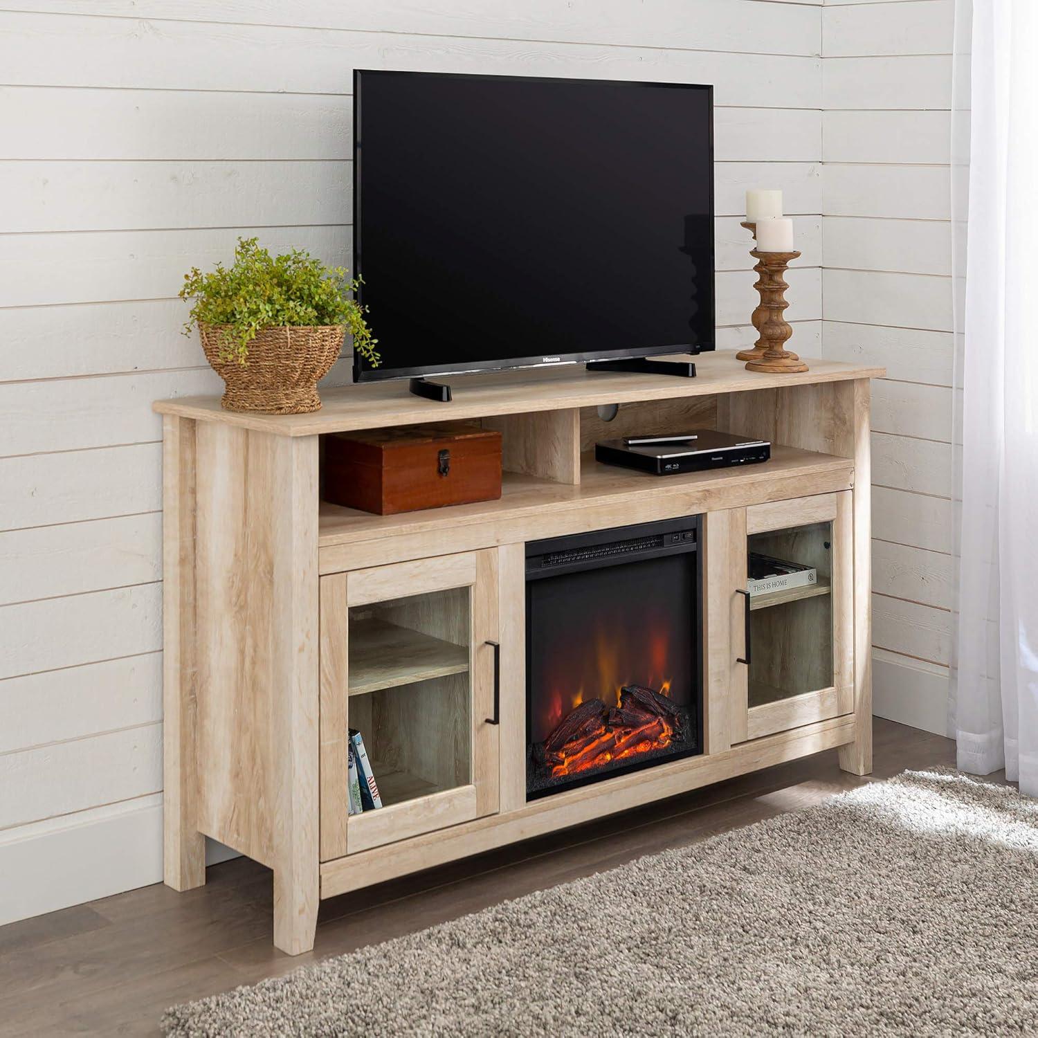 Walker Edison Glenwood Rustic Farmhouse Glass Door Highboy Fireplace TV Stand for TVs up to 65 Inches, 58 Inch, White Oak