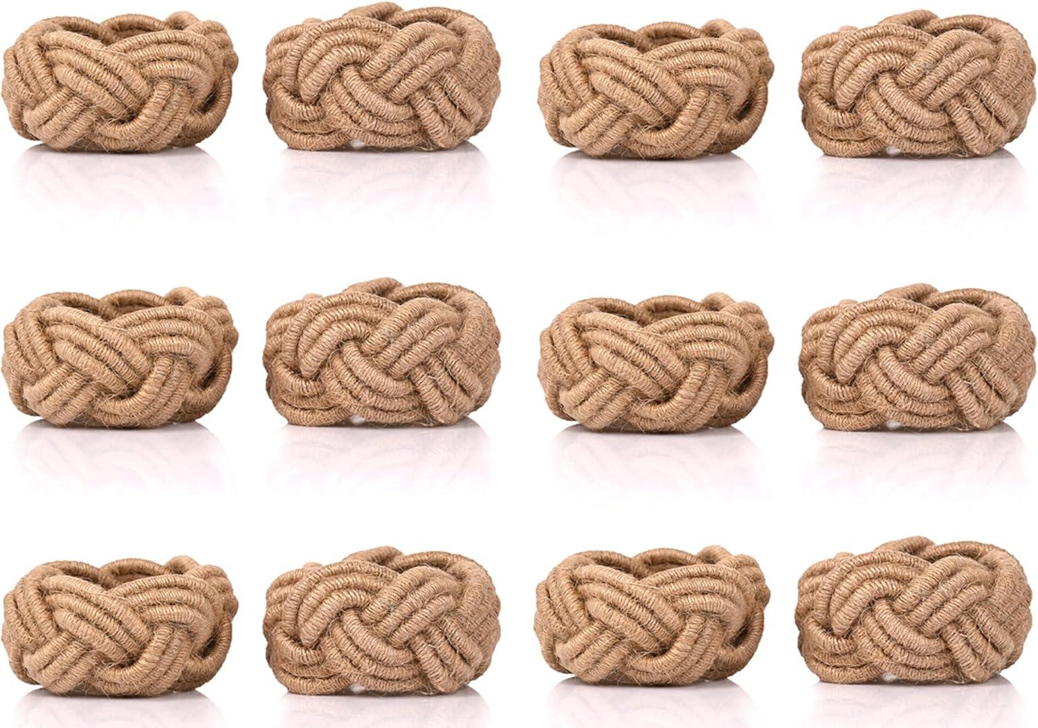 12 Pcs Rattan Napkin Rings - Farmhouse Nautical Napkin Ring Holders - Adornment for Table Settings, Kitchen, Dinner, Party, Wedding, Gifting (Brown) - CLEENTABLE