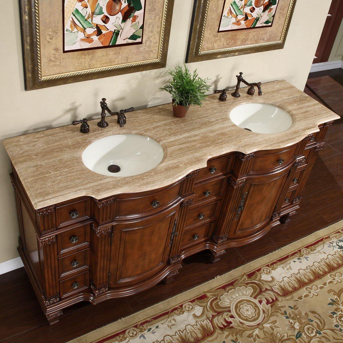 Traditional Rosewood Double Sink Bathroom Vanity with Travertine Top