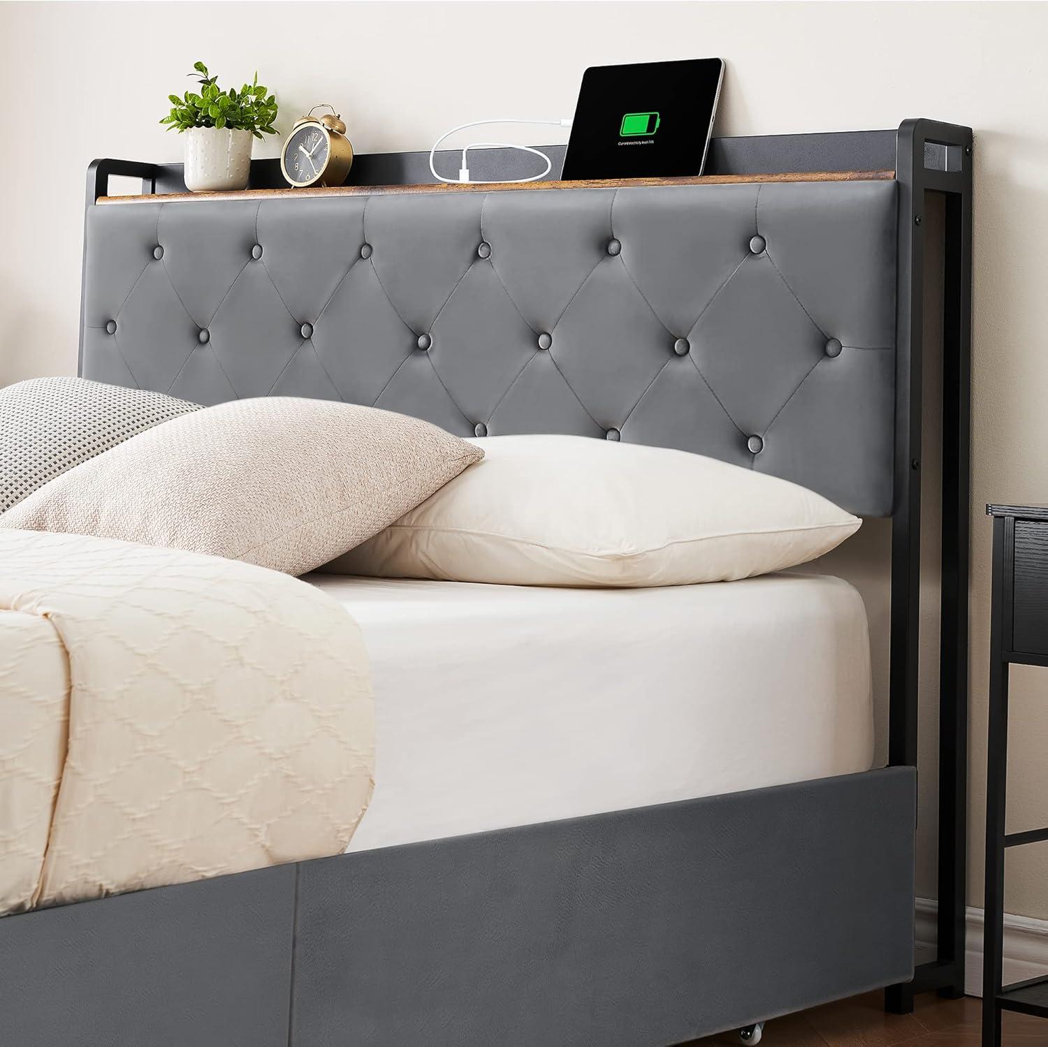 GarveeHome Full Size Bed Frame with 4 Storage Drawers and Charging Station, Upholstered Velvet Platform Bed Frame with Storage Headboard and Sturdy Wooden Slats Support, No Box Spring Needed