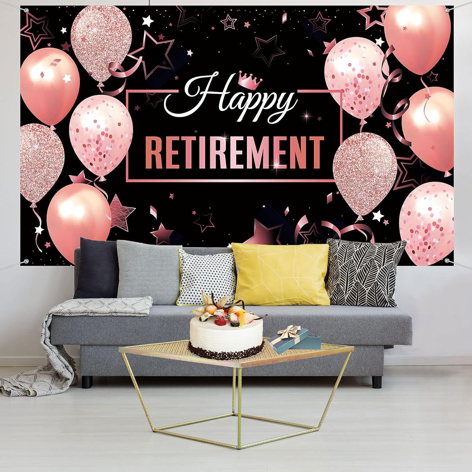 Blulu Retirement Party Decorations, Extra Large Fabric Retire Sign Banner Photo Booth Backdrop Background with Rope for Retirement Party Favor(72.8 x 43.3 Inch,Black and Rose Pink)