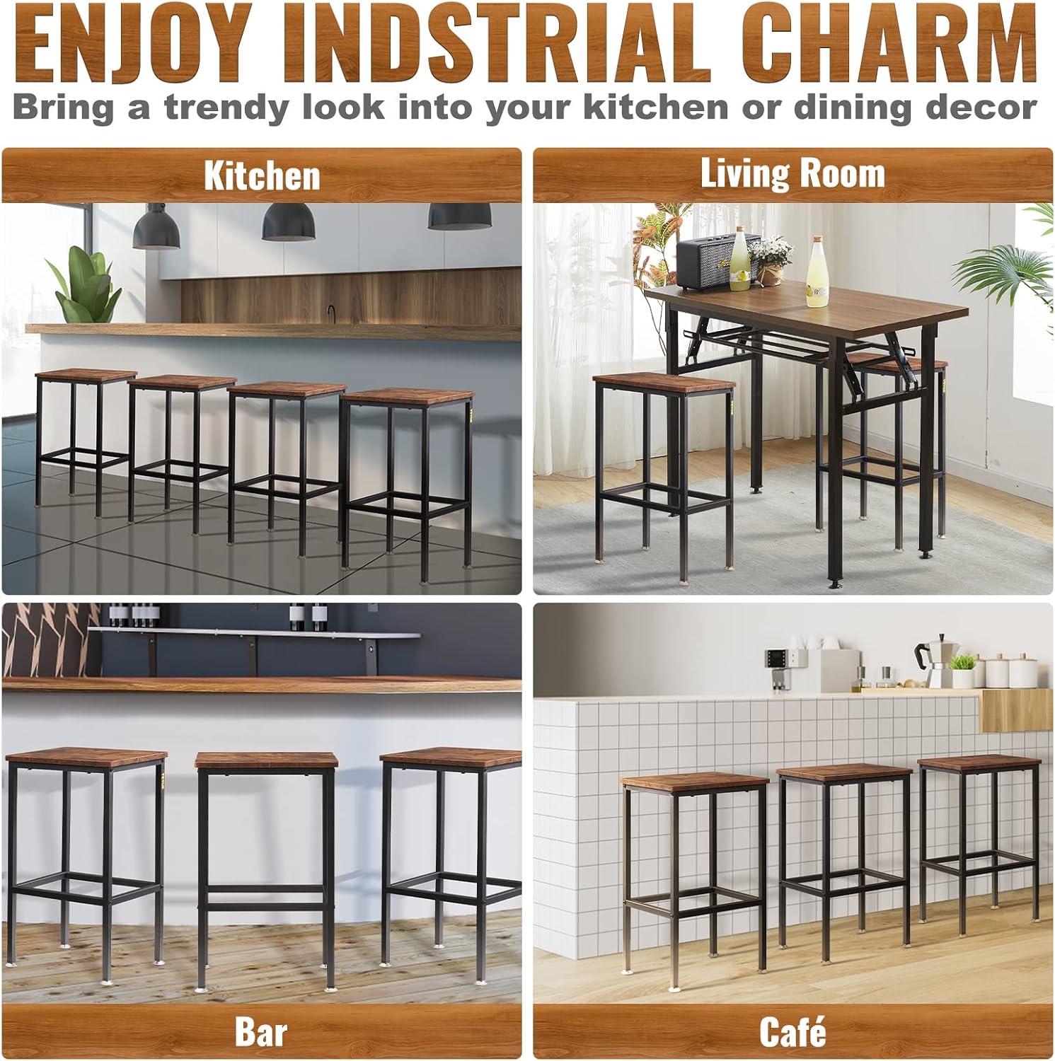 VEVOR Rustic Bar Stools, 25.6” Tall Rectangle Seat, Set of 2 Bar Chairs with Footrest Steel Frame Adjustable Feet, Wooden Industrial Kitchen Stool for Kitchen Dining Living Room, Rustic Brown