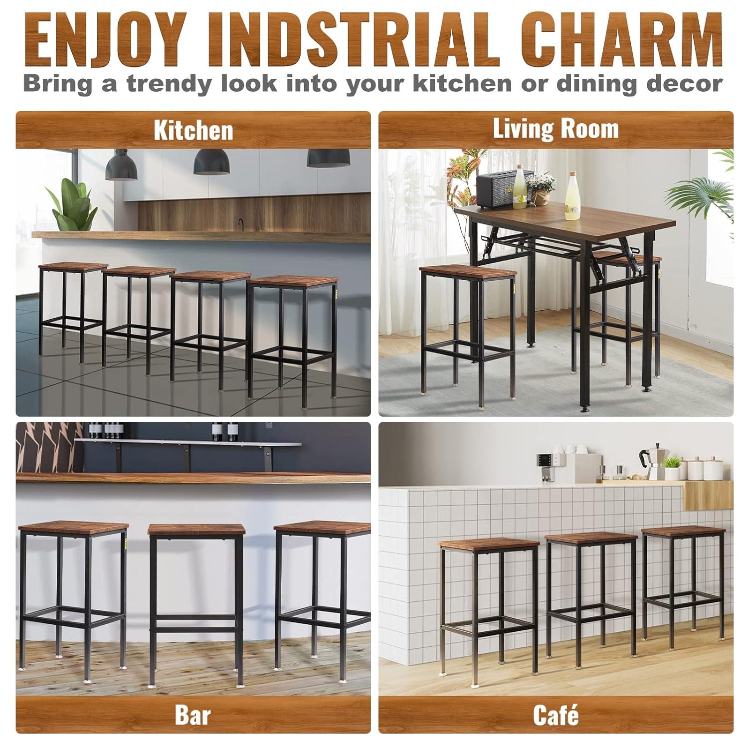 VEVOR Rustic Bar Stools, 25.6” Tall Rectangle Seat, Set of 2 Bar Chairs with Footrest Steel Frame Adjustable Feet, Wooden Industrial Kitchen Stool for Kitchen Dining Living Room, Rustic Brown