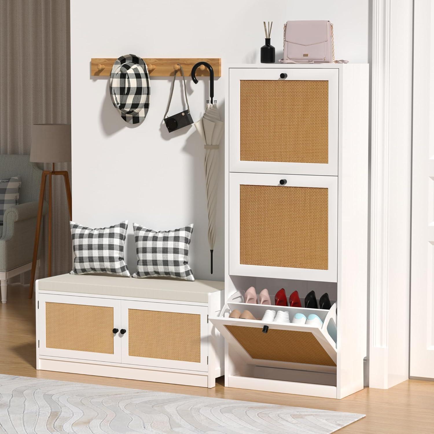 White and Rattan 3-Tier Flip Drawer Shoe Cabinet