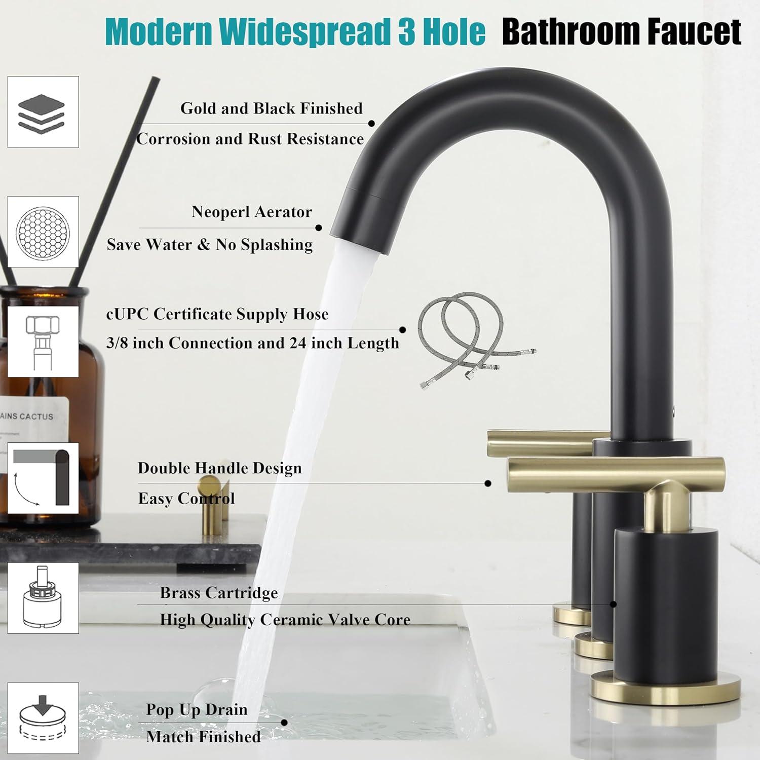 8-Inch Widespread Black and Gold Stainless Steel Bathroom Faucet