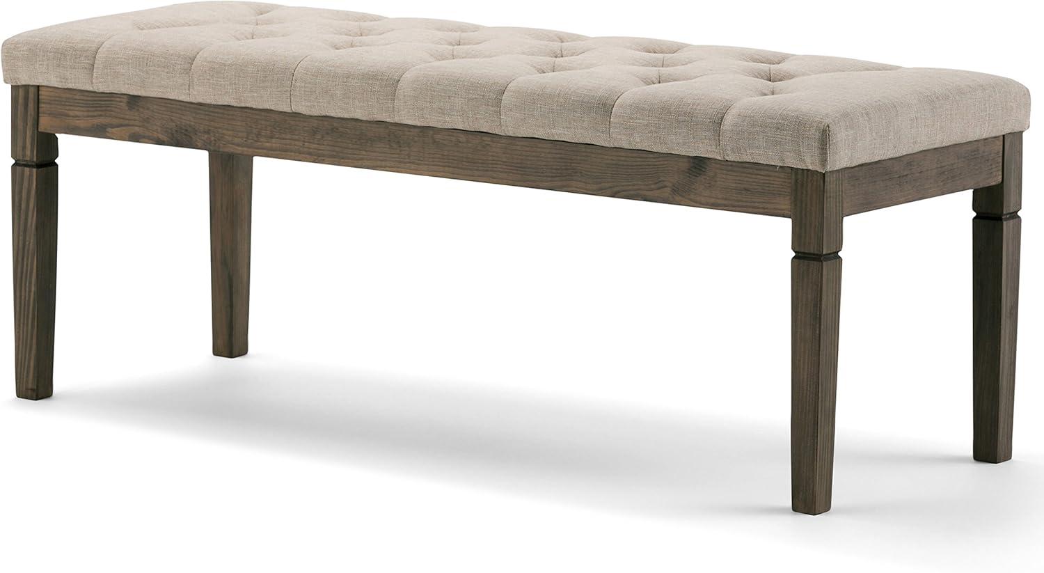 Elegant Natural Linen Tufted Pine Wood Rectangular Bench Ottoman