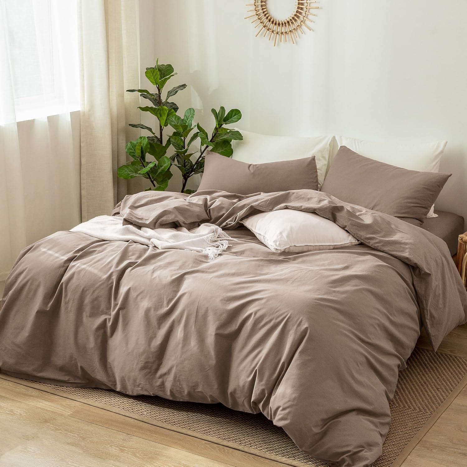 MooMee Washed Cotton Duvet Cover Set Linen Like Textured Breathable 3-Piece (Brown, Queen)