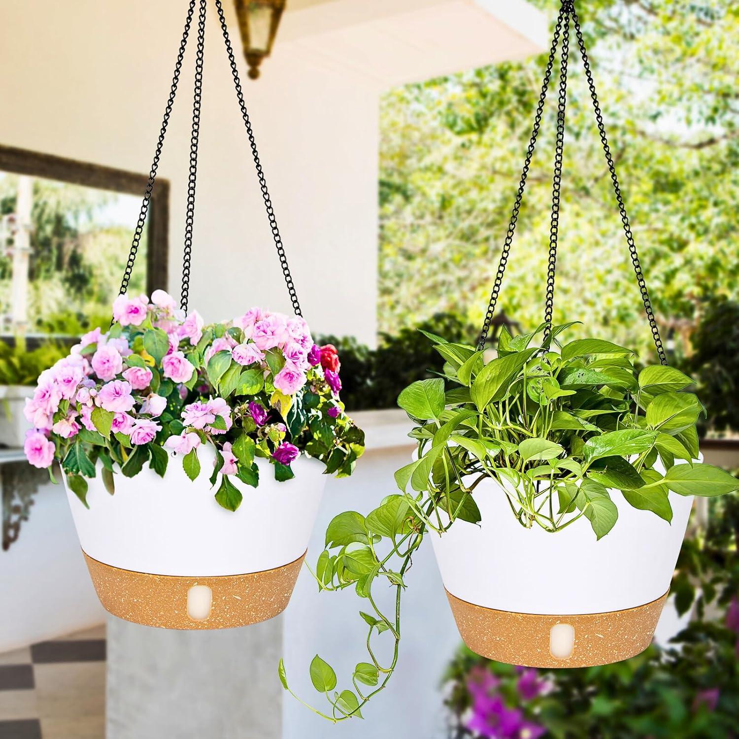 2 Pack 10 inch White Plastic Hanging Planters with 3 Hooks,Hanging Plant Pot Basket with Drainage Hole for Garden Home
