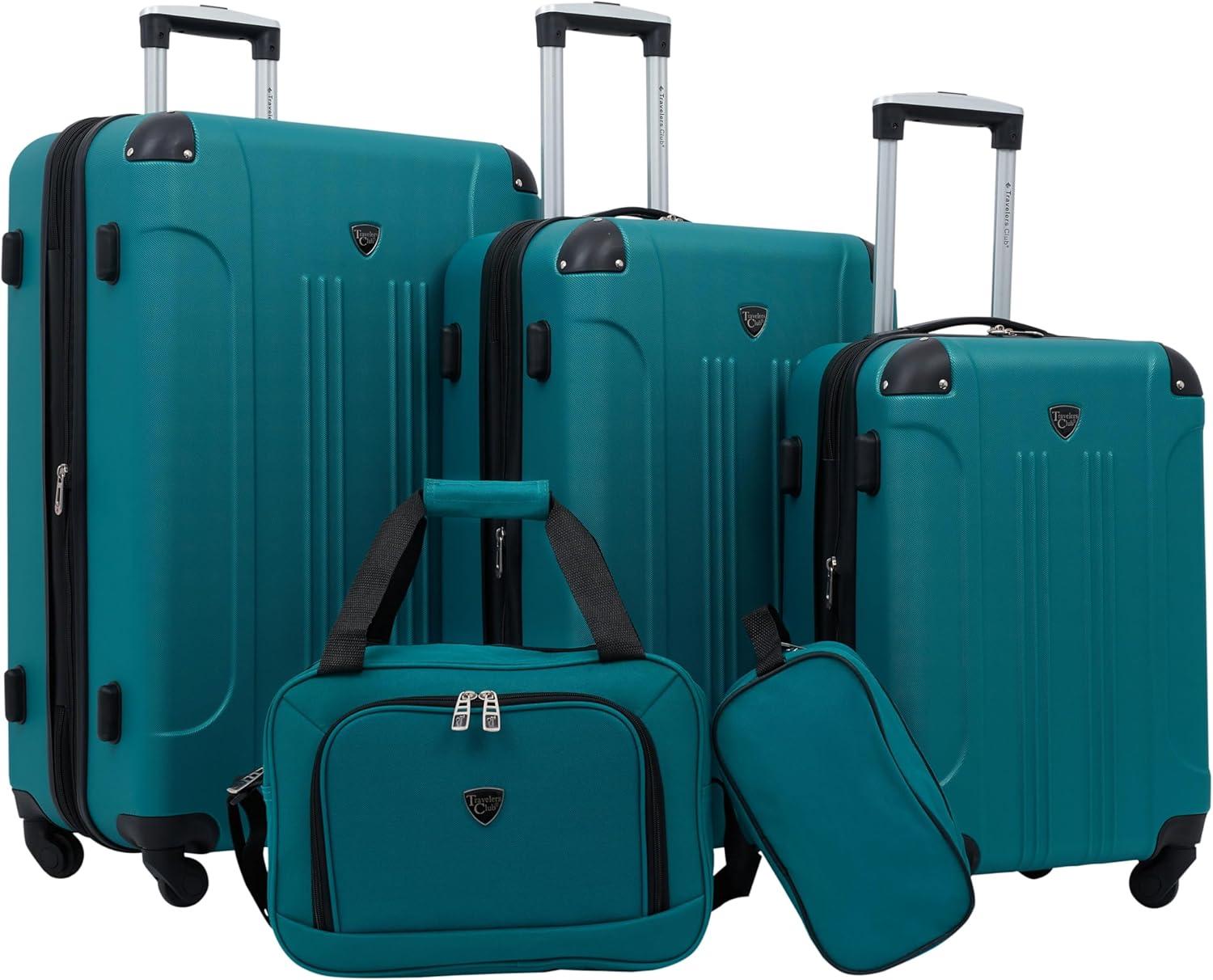 Travelers Club Chicago Plus Carry-On Luggage and Accessories Set With Tote and Travel kit-Color:Teal,Size:5 Piece