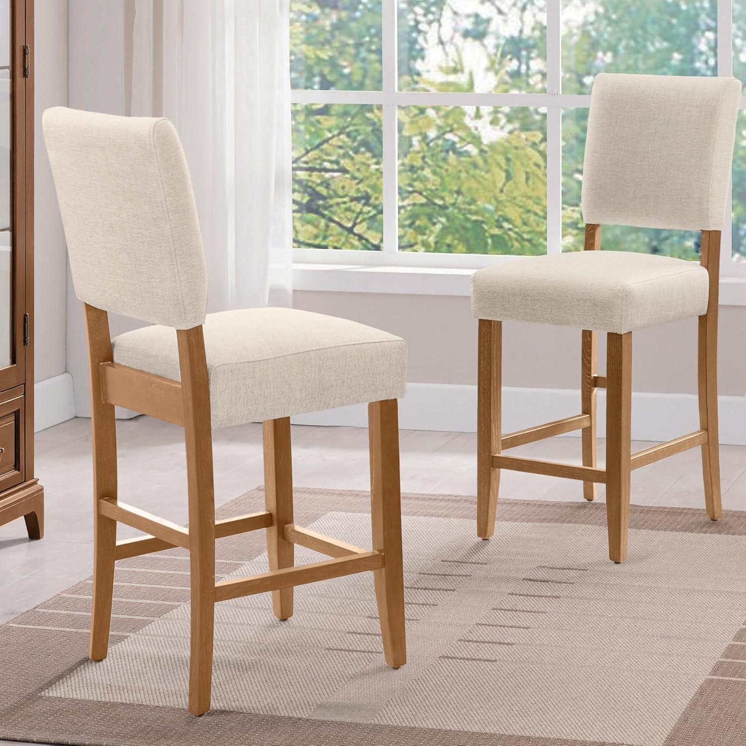 Natural White Sand Upholstered Bar Height Stools with Wood Base, Set of 2