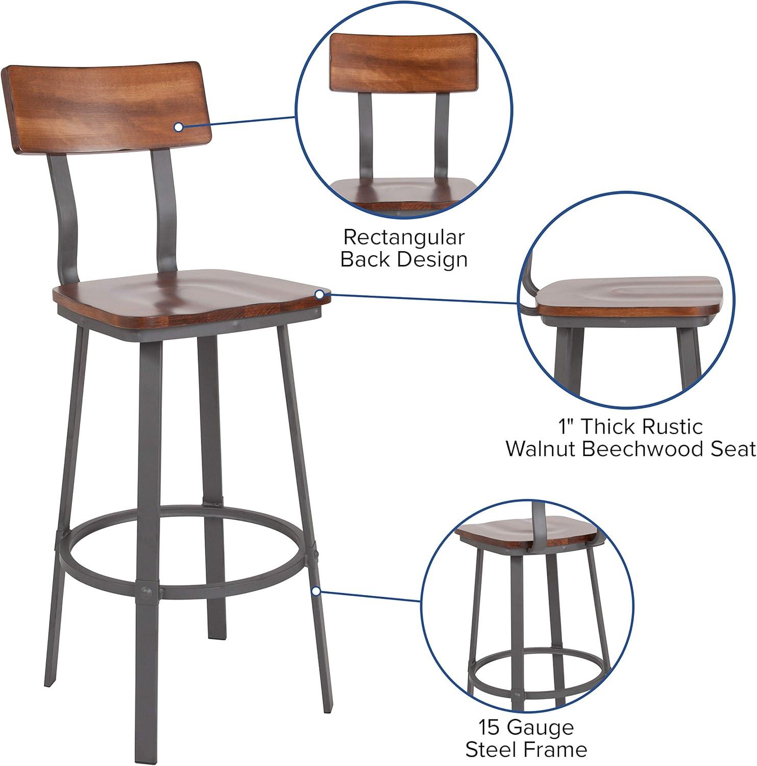 Flash Furniture Flint Series Rustic Walnut Restaurant Barstool with Wood Seat & Back and Gray Powder Coat Frame