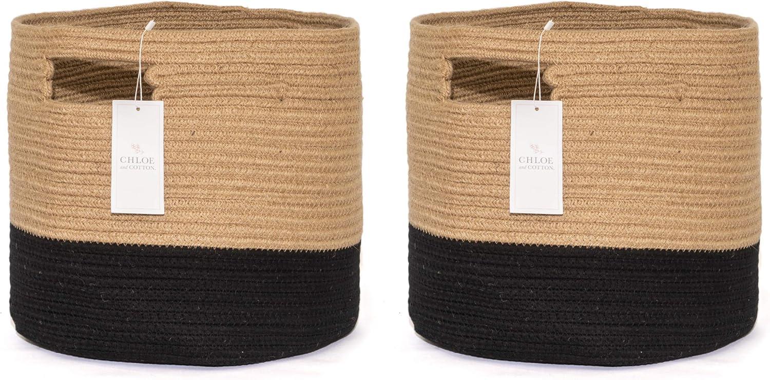 Chloe and Cotton Jute Baskets with Handles for Organizing Storage - Beige/White - Set of 2
