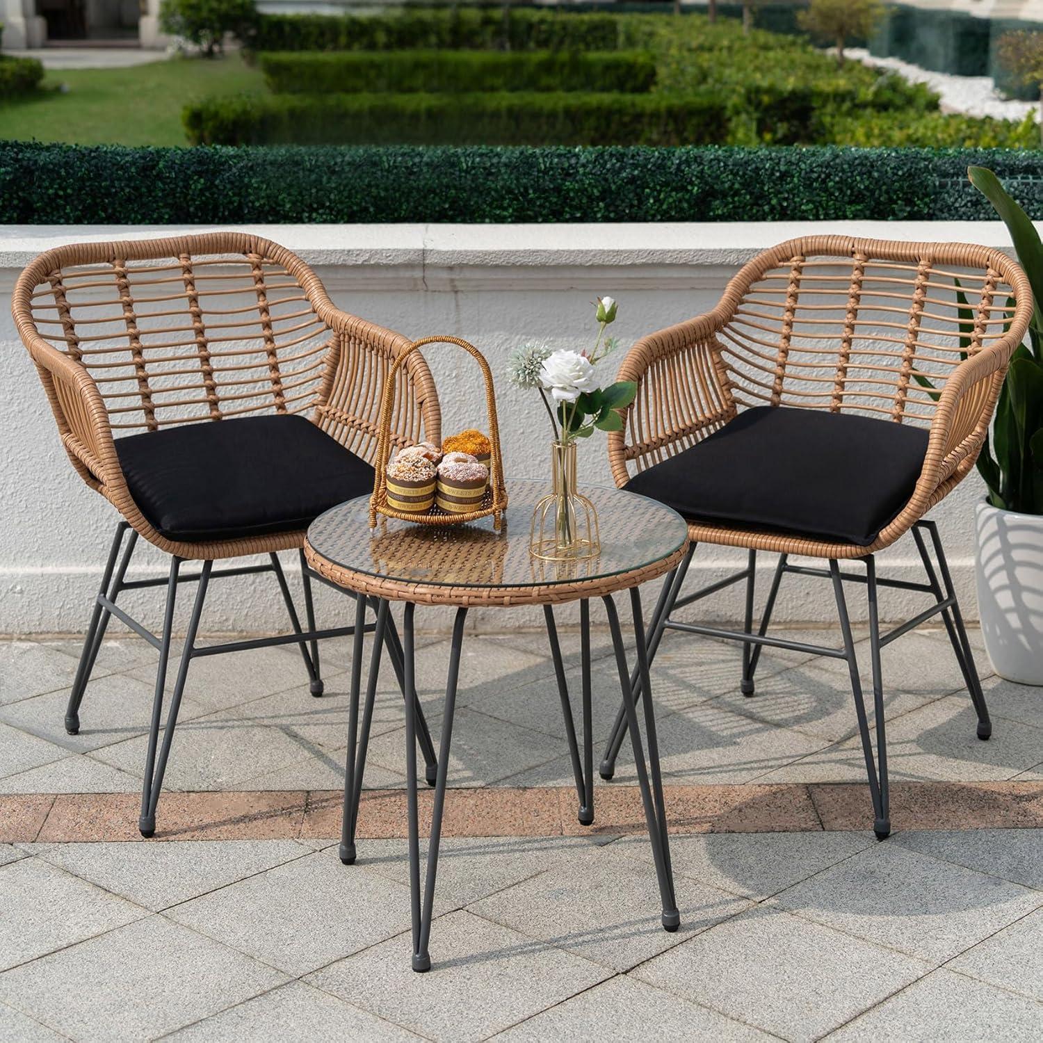 3 Piece Outdoor Wicker Furniture Patio Bistro Set, Balcony Furniture Rattan Conversation Sets, Outdoor Patio Chairs Set for Porch Poolside Garden, Black
