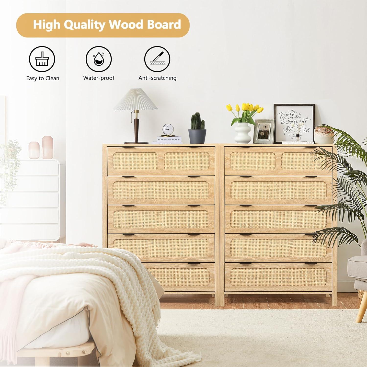 Natural Wood and Rattan 5-Drawer Storage Cabinet