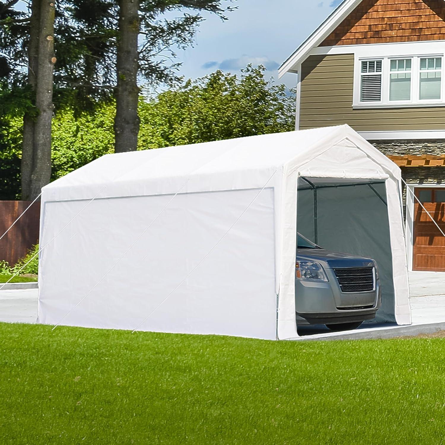 ADVANCE OUTDOOR 12x20 ft Extra Large Heavy Duty Carport with Sidewalls and Doors, Adjustable Height from 9.5 ft to 11 ft, Car Canopy with 8 Reinforced Poles and 4 Sandbags, White