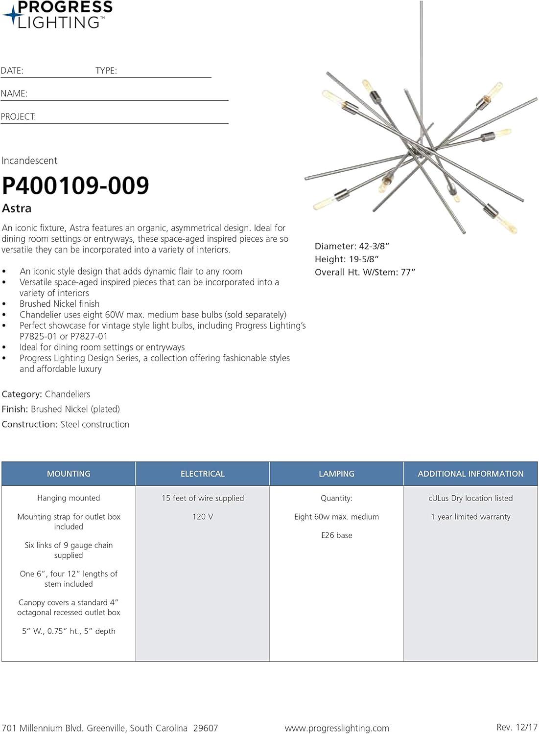 Progress Lighting Astra 8-Light Chandelier, Brushed Nickel, Steel, Modern, No Shade