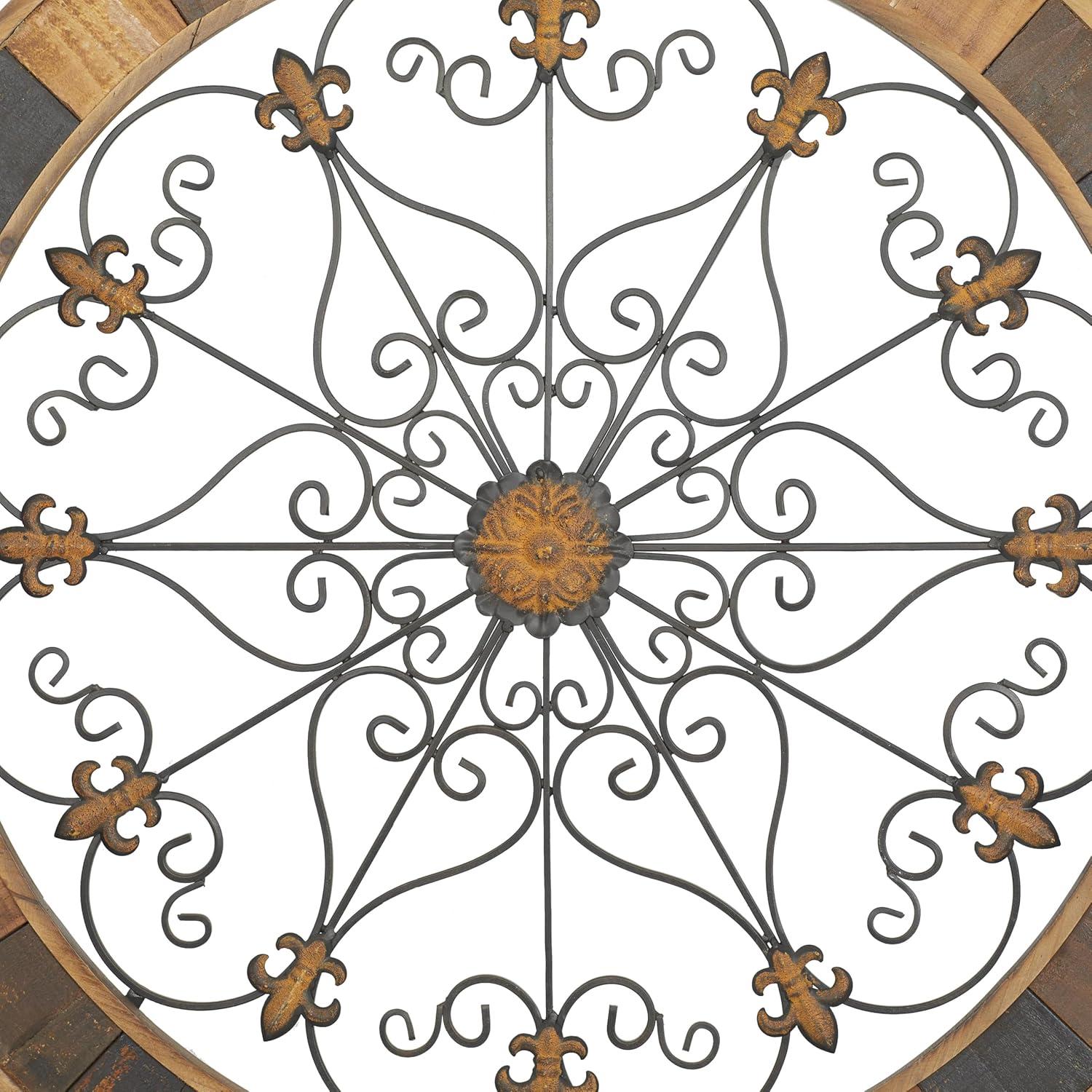 DecMode Brown Wood Arabesque Scroll Wall Decor with Metal Fleur De Lis Relief