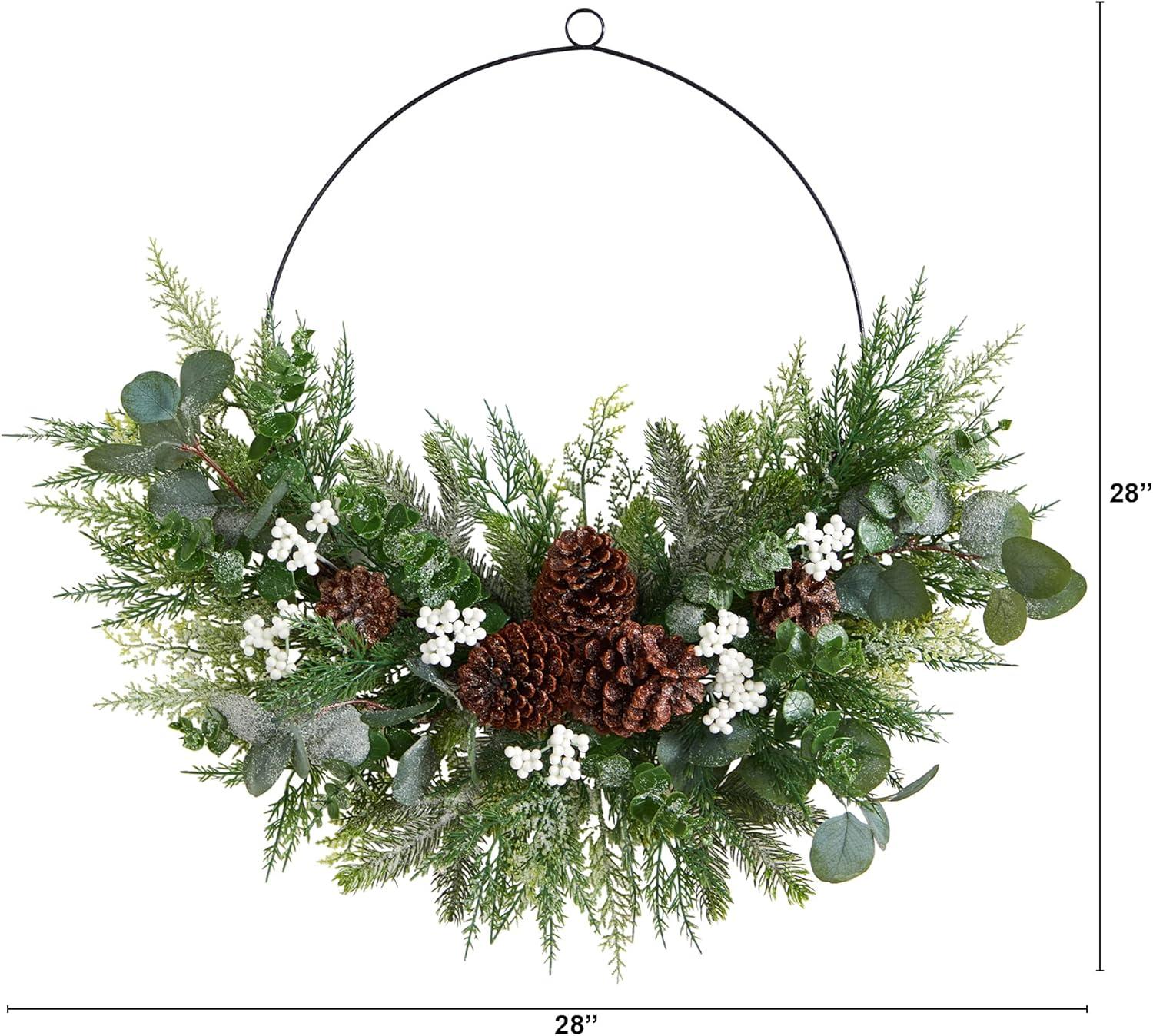 Nearly Natural 28” Christmas Pine, Eucalyptus, and Berries Metal Circlet Artificial Wreath