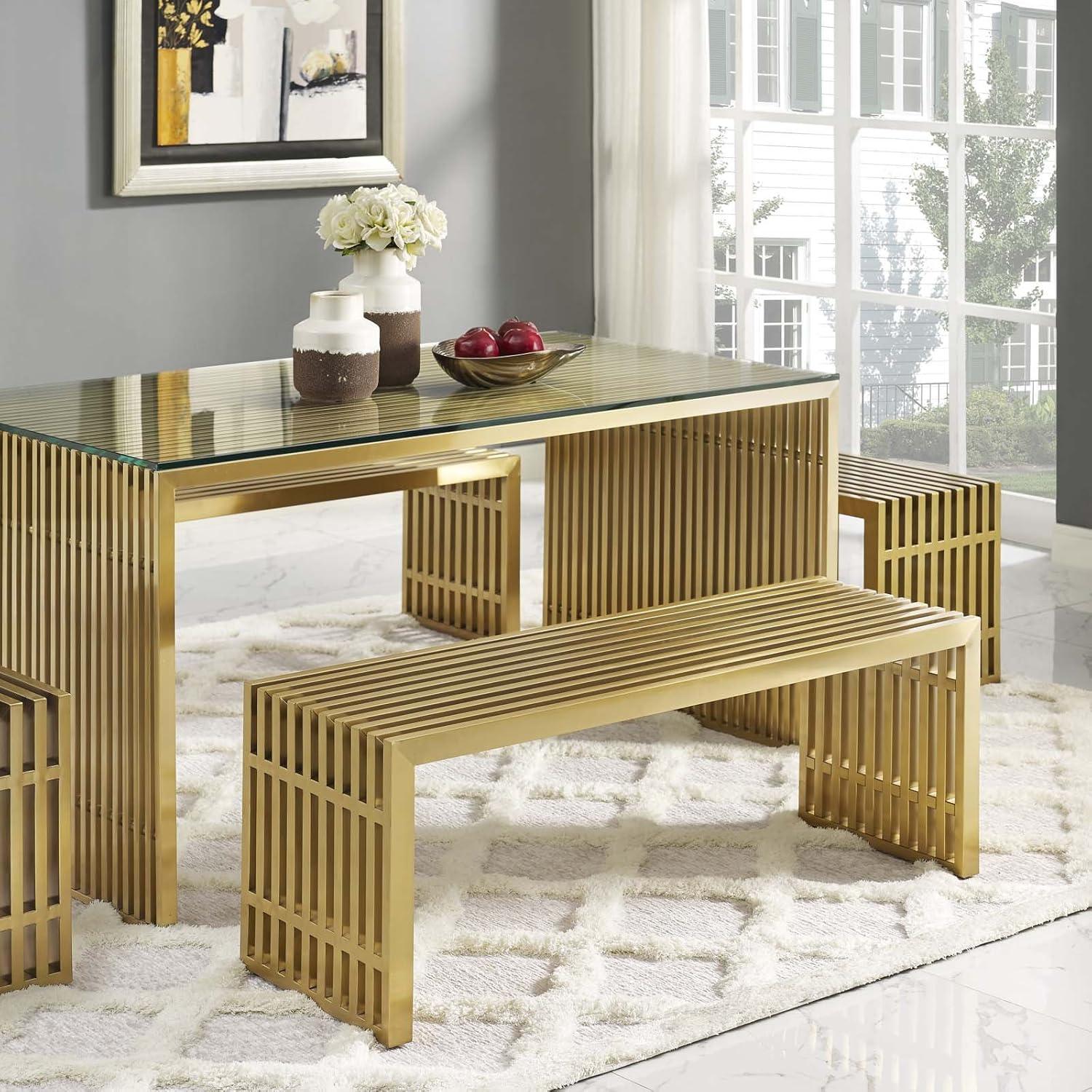 Elegant Gridiron 60'' Gold Stainless Steel Bedroom Bench