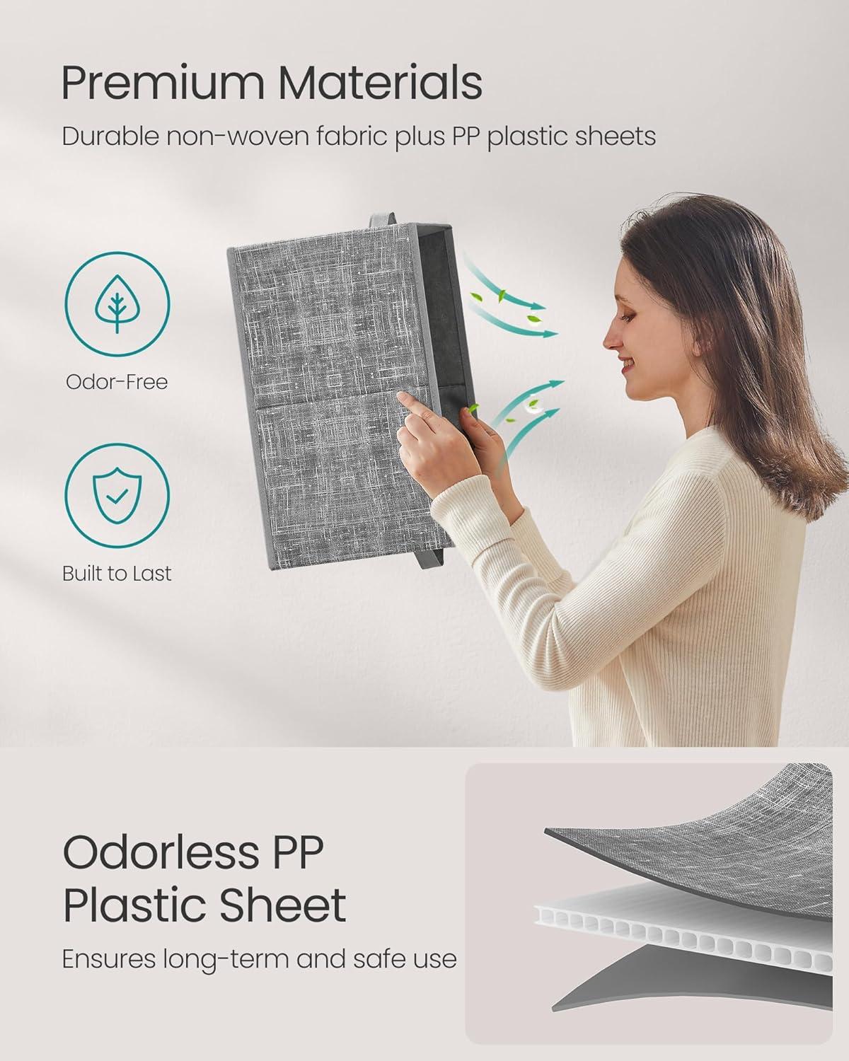 SONGMICS Storage Baskets, Set of 3 Fabric Storage Bins, 15.7 x 11.8 x 9.5 Inches, Foldable Closet Organizer for Shelves, 2 Handles, Label Holders, for Bedroom, Living Room, Cattail Gray UROB440G01