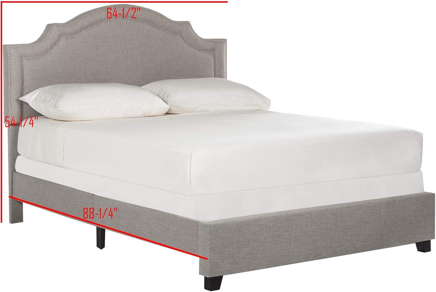 Beige Linen Upholstered Queen Platform Bed with Nailhead Trim