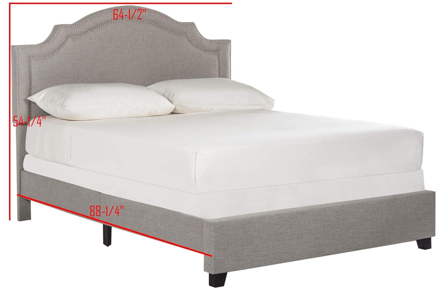 Beige Linen Upholstered Queen Platform Bed with Nailhead Trim