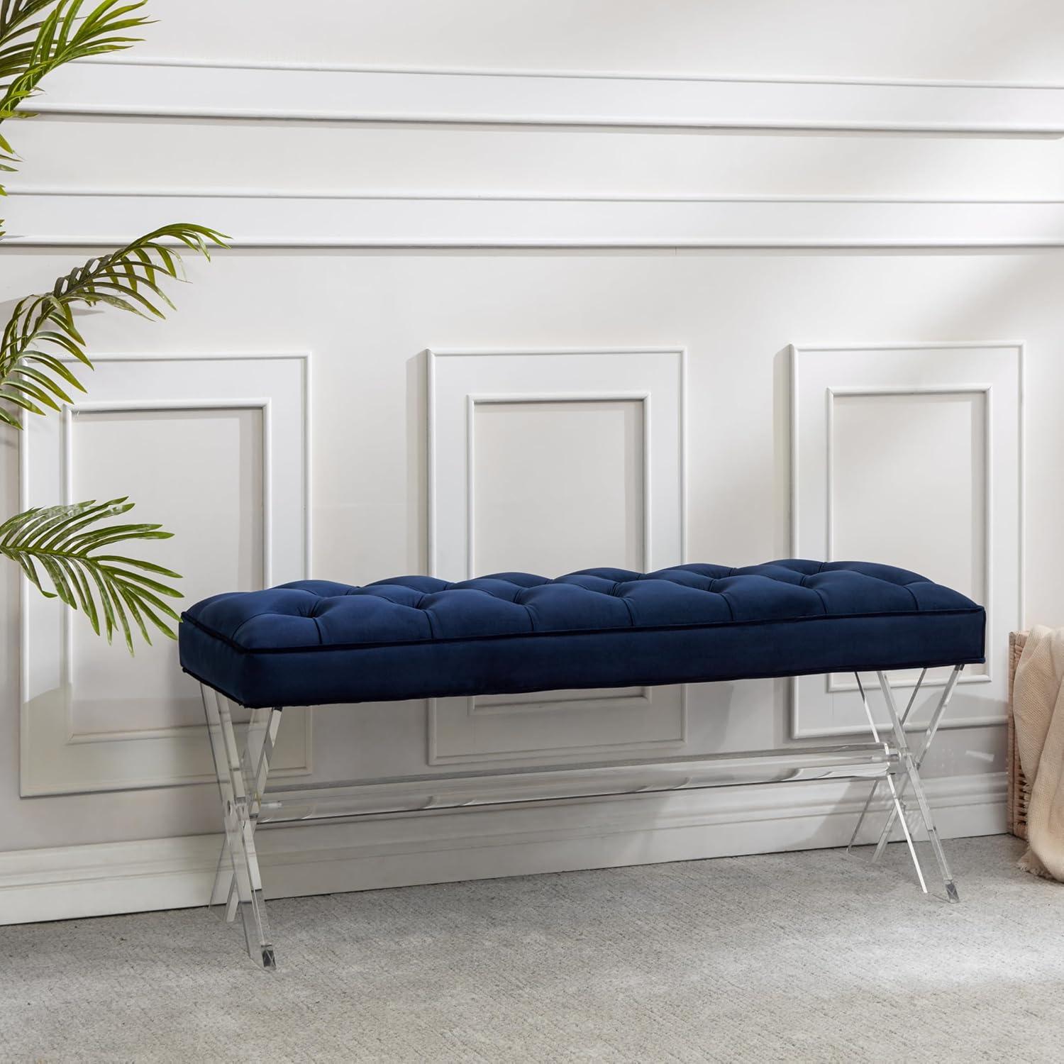 Safavieh Couture Home Collection Tourmaline Glam Navy Blue Velvet Tufted Acrylic Living Room Bedroom Dining Foyer Entryway Ottoman Bench