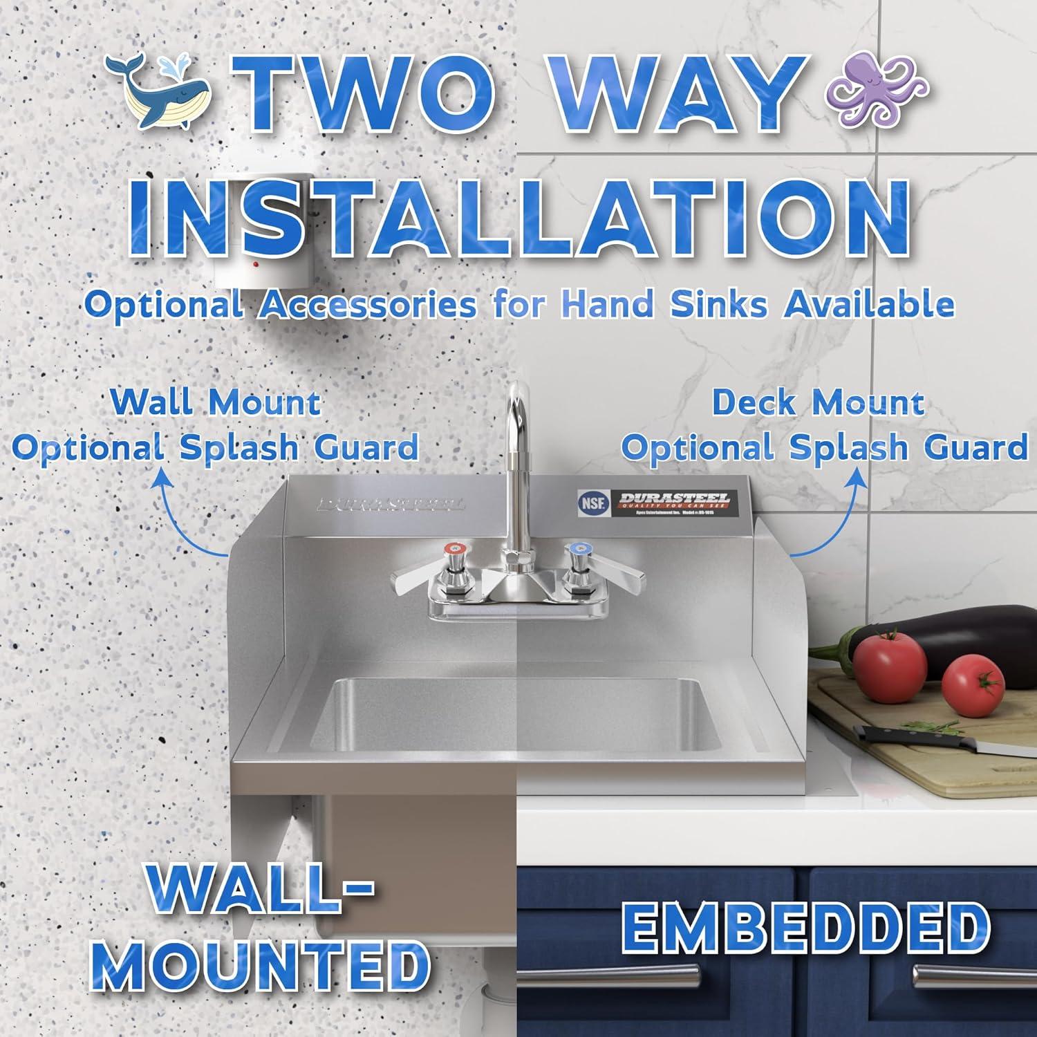 DuraSteel Stainless Steel Sink - NSF Commercial Wall Mount Kitchen Sink - Small Hand Sink with 12" x 10" x 5.5"D Wash Basin - With Sink Strainer and Faucet - For Laundry, Restaurants, Bars, and More