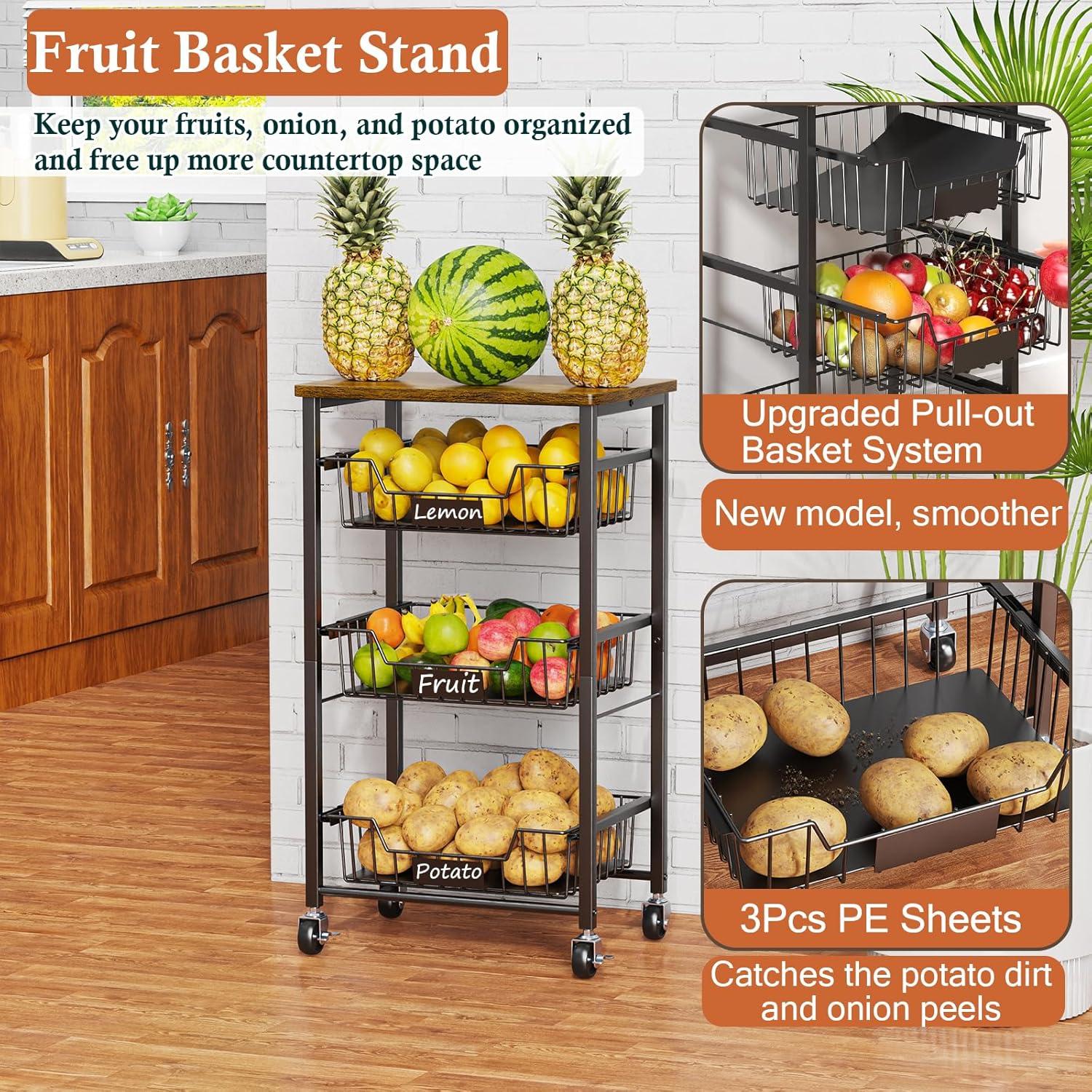 Small Kitchen Storage Cart On Wheels, Metal Fruit Basket Stand With Pull-Out Baskets & Wood Top For Potato Onion Produce Snack Veggies,(4-Tier /Black+ Rustic Board)