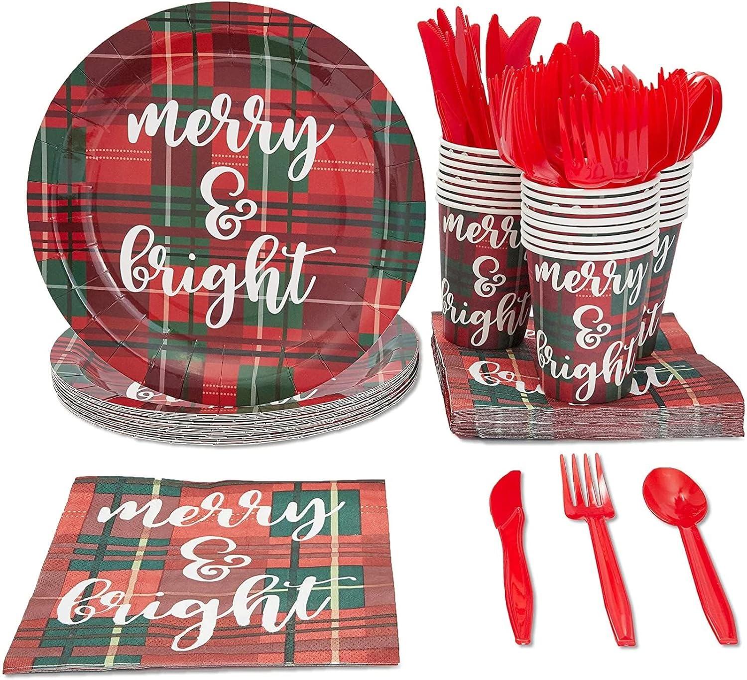 Juvale 144 Piece Christmas Dinnerware with Plaid Paper Plates, Napkins, Cups, Cutlery, Merry & Bright (Serves 24) - Paper Plate - Christma Napkin