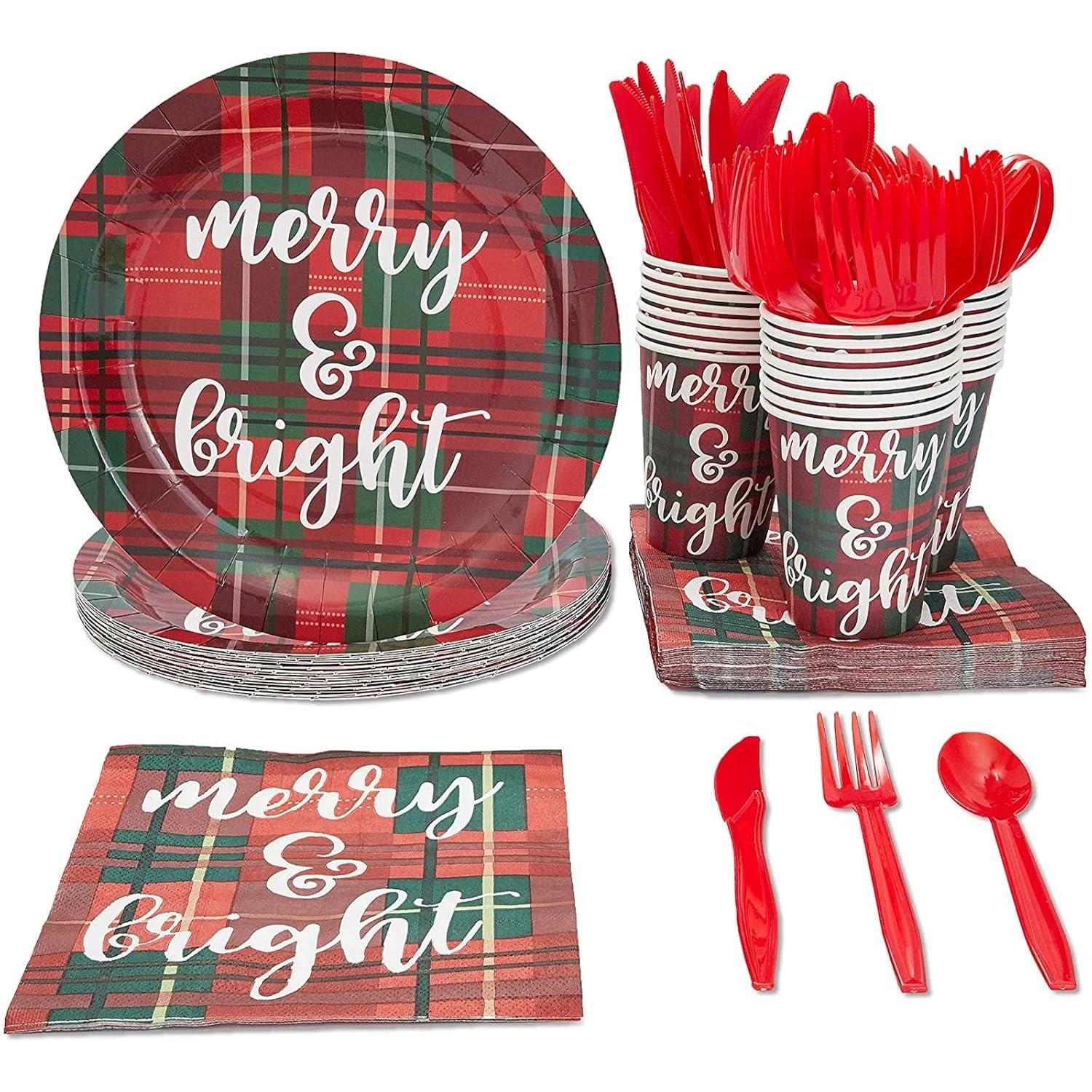 Juvale 144 Piece Christmas Dinnerware with Plaid Paper Plates, Napkins, Cups, Cutlery, Merry & Bright (Serves 24) - Paper Plate - Christma Napkin
