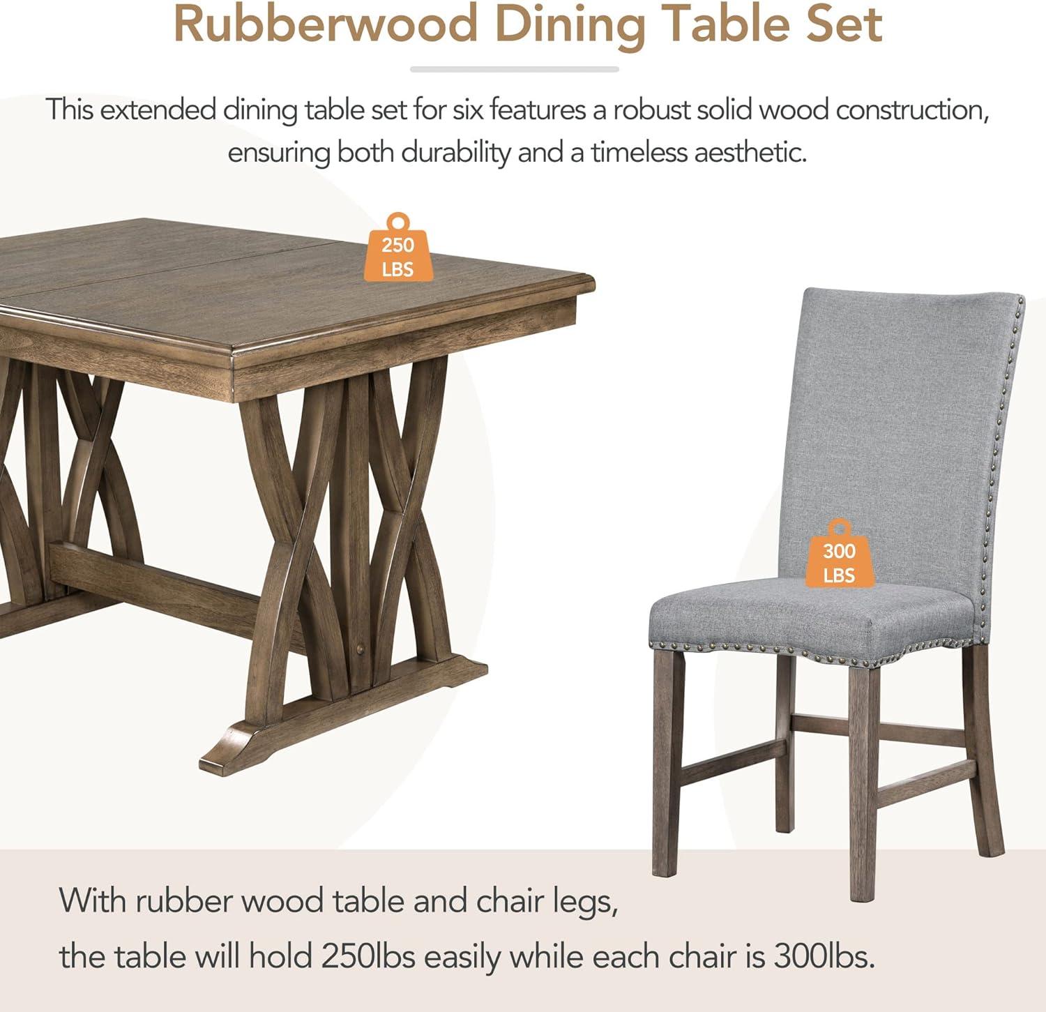 Wood 7-Piece Dining Table Set Extendable Kitchen Table Set with Upholstered Chairs