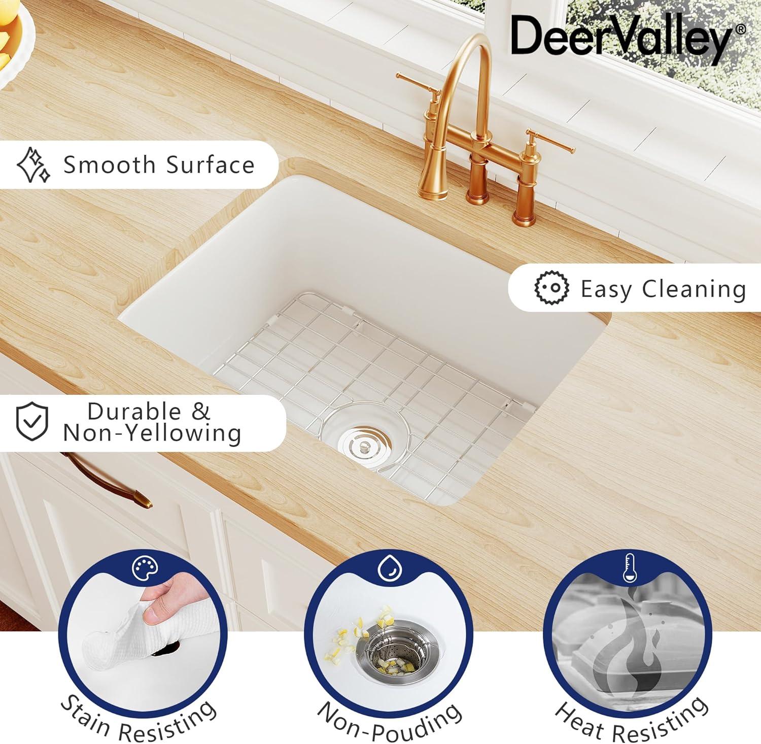 24" L x 19" W Rectangular White Fireclay Undermount Kitchen Sink with Basket Strainer and Sink Grid