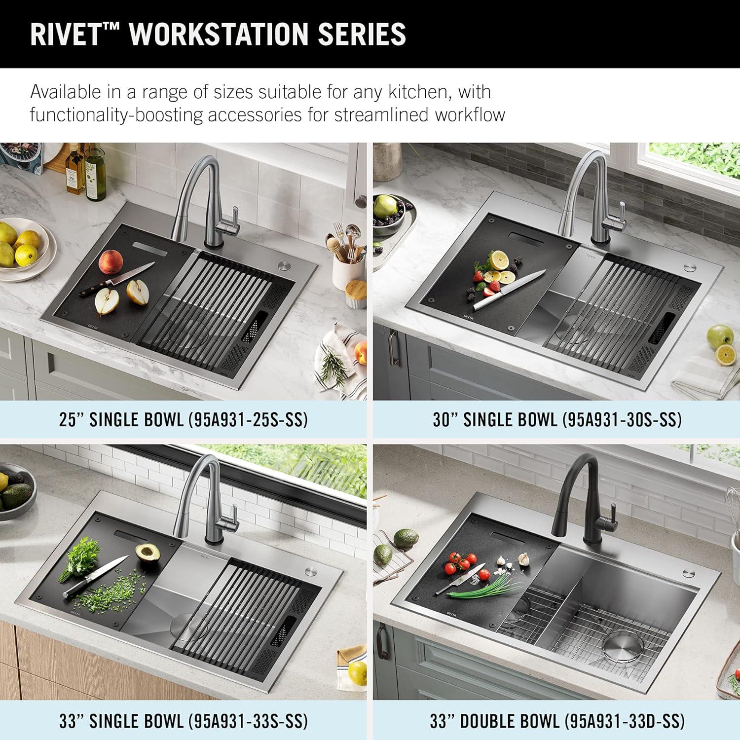 Delta Rivet™ 25" L Workstation Kitchen Sink Drop-In Top Mount 16 Gauge Stainless Steel Single Bowl