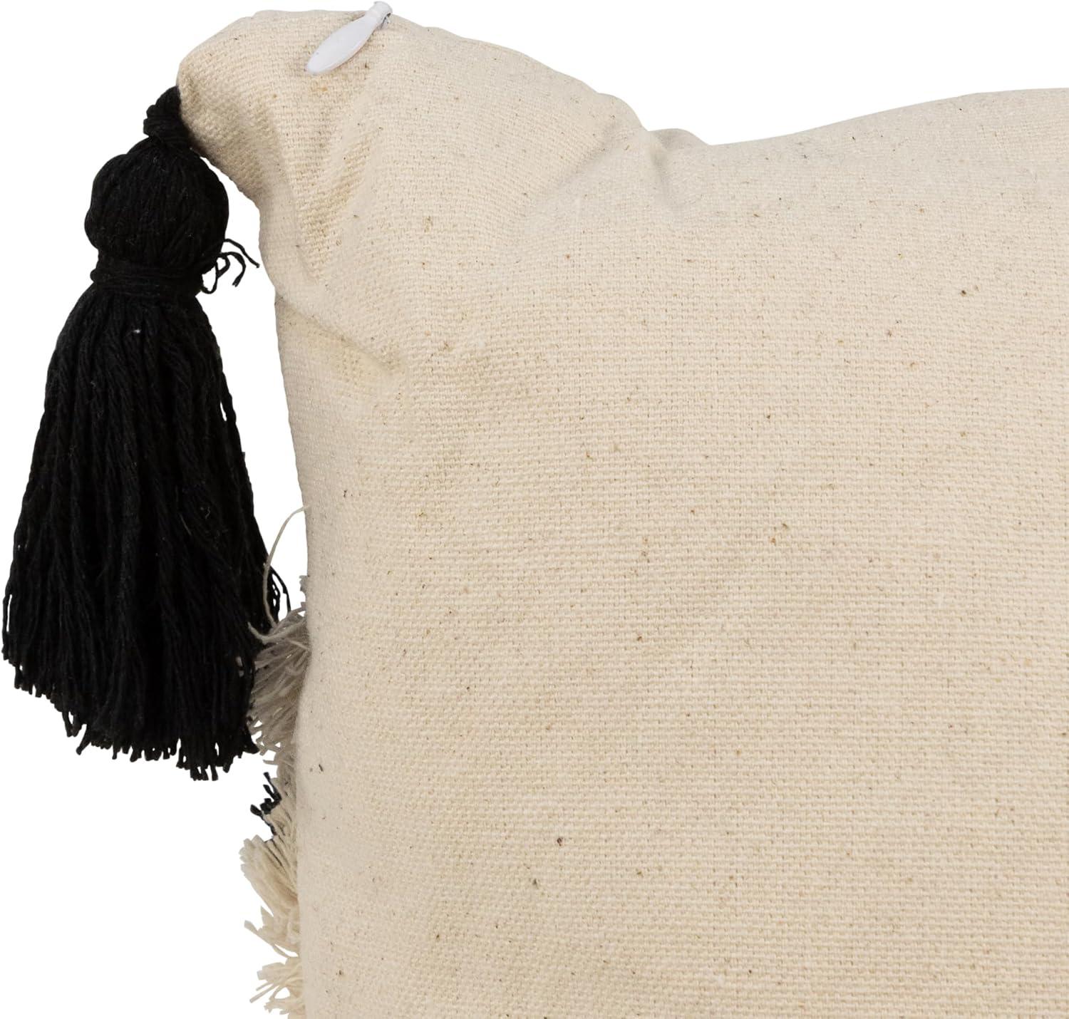 Beige and Black Boho Cotton Square Throw Pillow with Tassels